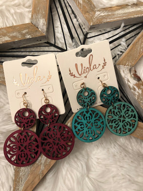Turquoise and wine wooden earrings