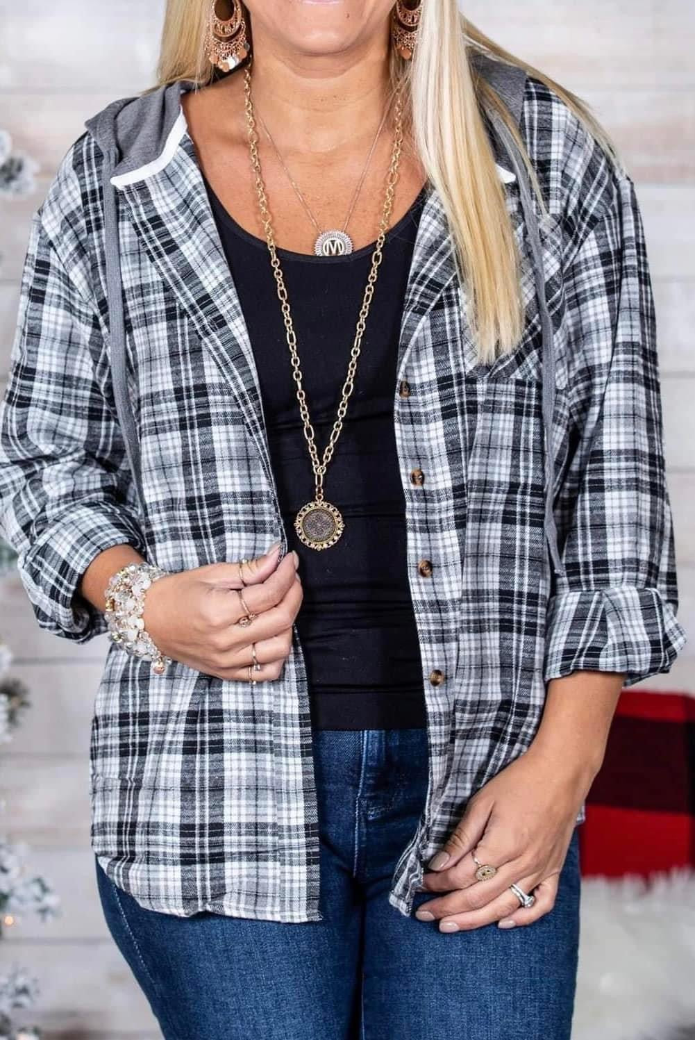 Black plaid shacket with hood