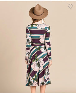 Striped/Floral Faux Wrap Dress