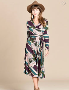 Striped/Floral Faux Wrap Dress